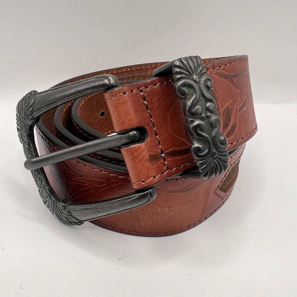 Leather Leaf Print Embossed Western Belt‎ Women's S/M Brown Rodeo Boho